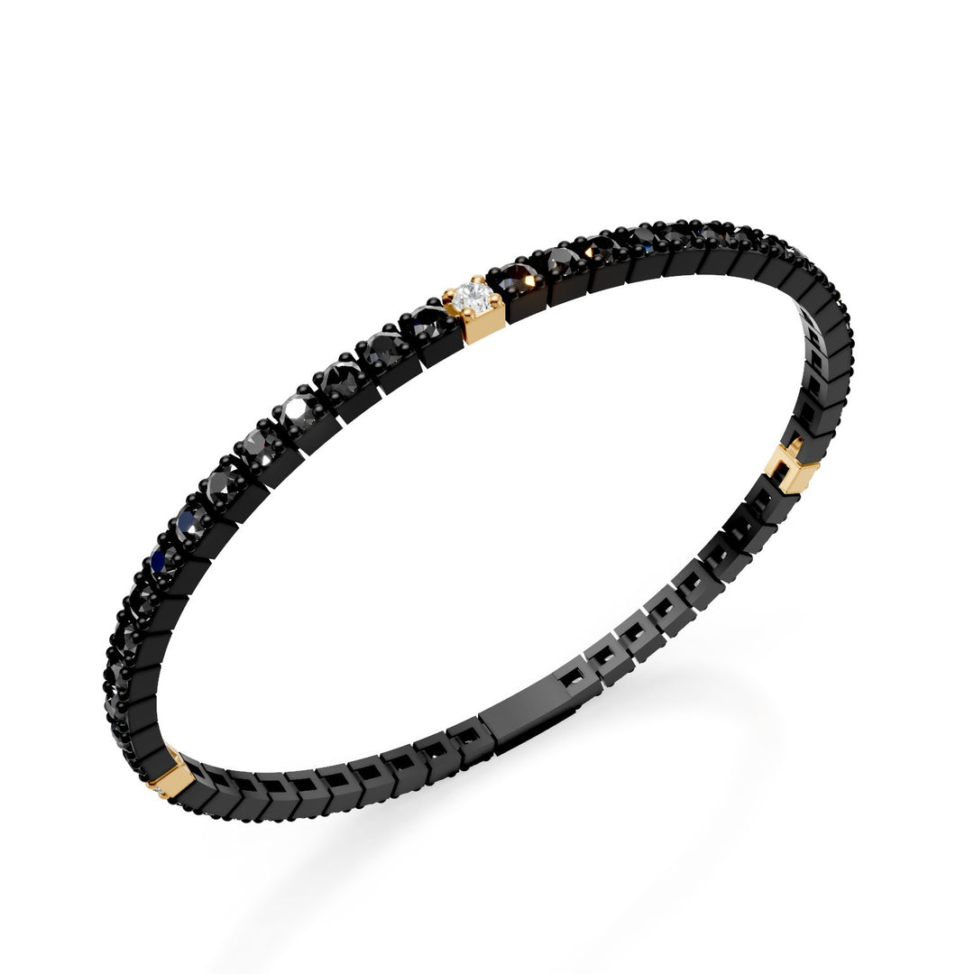 World Diamond Group tennis bracelet in black titanium, with black diamonds and three 18kt yellow gold inserts with white diamonds, 18cm, first size GBRT001E3O1DINE-180