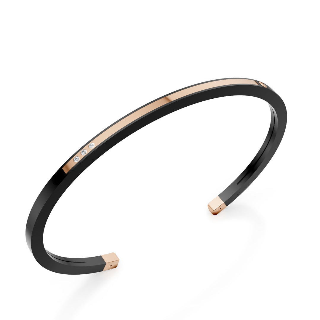 World Diamond Group black titanium bangle bracelet, with three diamonds and 18kt rose gold inserts, with long bar, medium size GBR037O3DINE_M