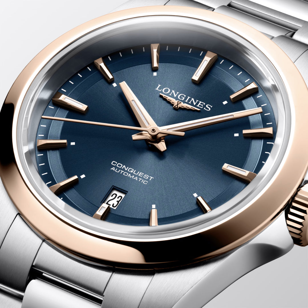 Longines watch Conquest 30mm blue automatic steel PVD finish rose gold L3.320.5.92.6