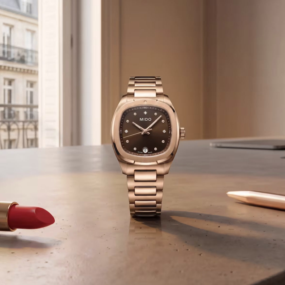Mido Multifort TV 28mm acier quartz marron finition PVD or rose M049.110.33.296.00