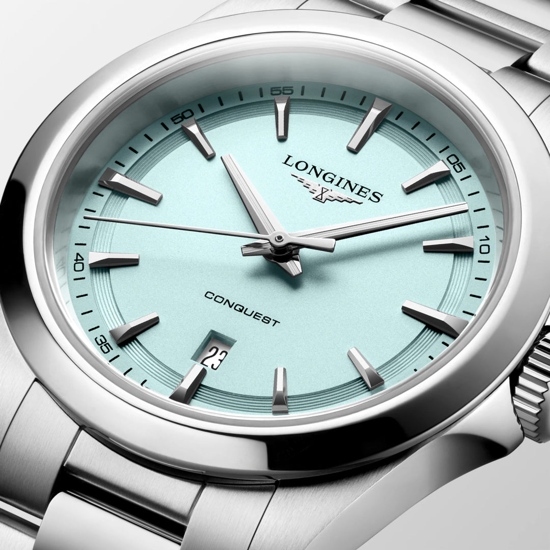 Longines Conquest watch 30mm mint blue quartz steel L3.350.4.92.6