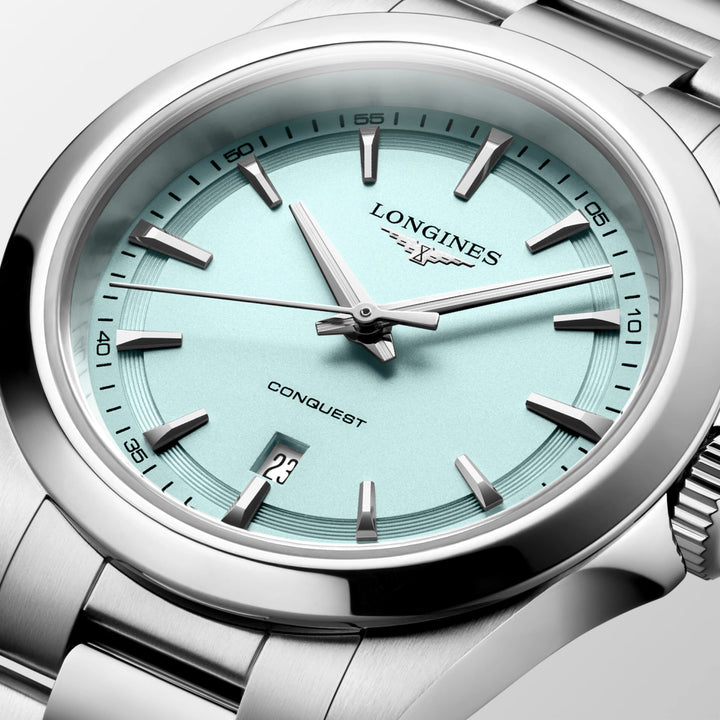 Longines Conquest watch 30mm mint blue quartz steel L3.350.4.92.6