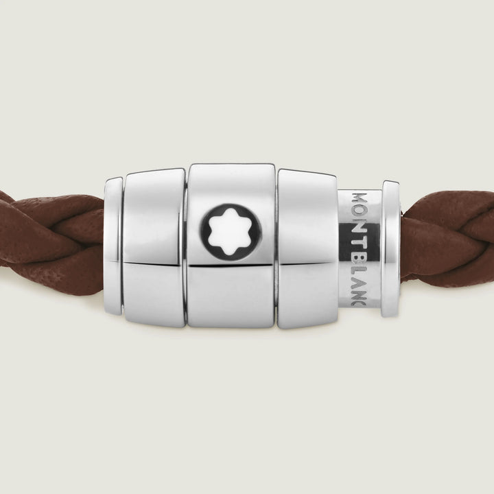 Bracelet Montblanc 3 anneaux en acier et cuir Meisterstück Brown Fawn taille L 13600268