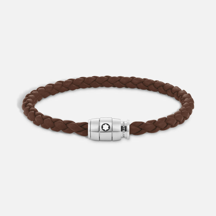 Bracelet Montblanc 3 anneaux en acier et cuir Meisterstück Brown Fawn taille M 13600163