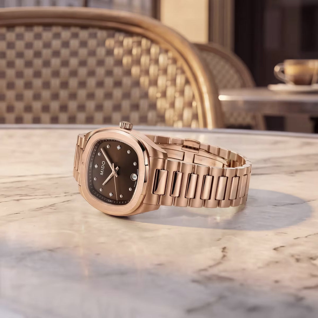 Mido Multifort TV 28mm acier quartz marron finition PVD or rose M049.110.33.296.00