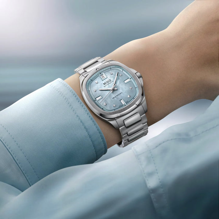 Mido-Uhr Multifort TV 35 34x35mm blaues Perlmuttdiamanten Automatikstahl M049.307.11.136.00