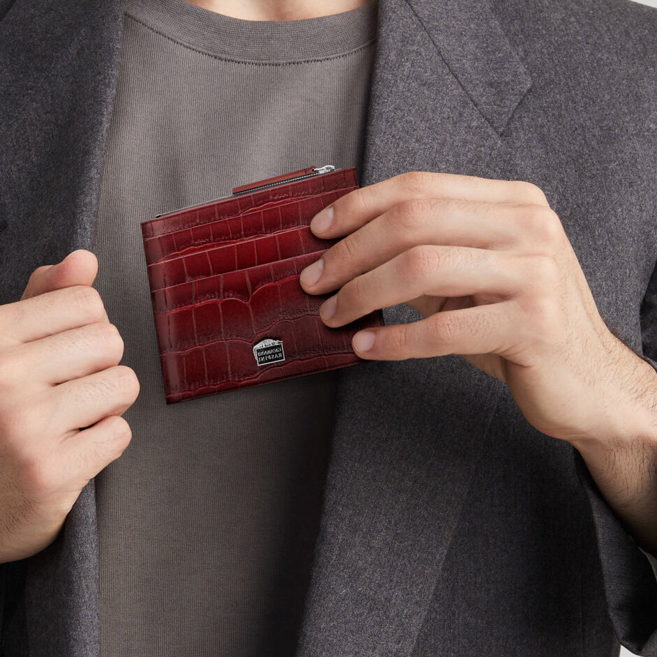 Porte-cartes Giovanni Raspini avec zip cuir croco bordeaux argent 925 L0030