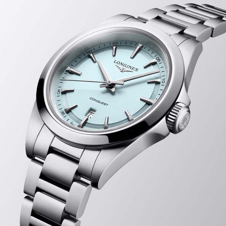 Longines Conquest watch 30mm mint blue quartz steel L3.350.4.92.6