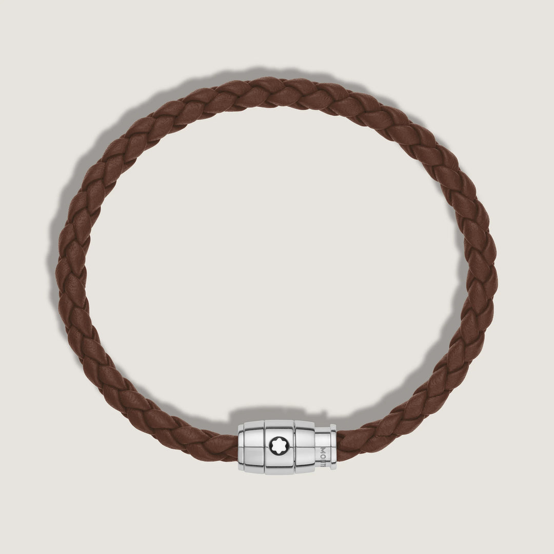 Bracelet Montblanc 3 anneaux en acier et cuir Meisterstück Brown Fawn taille S 13600060