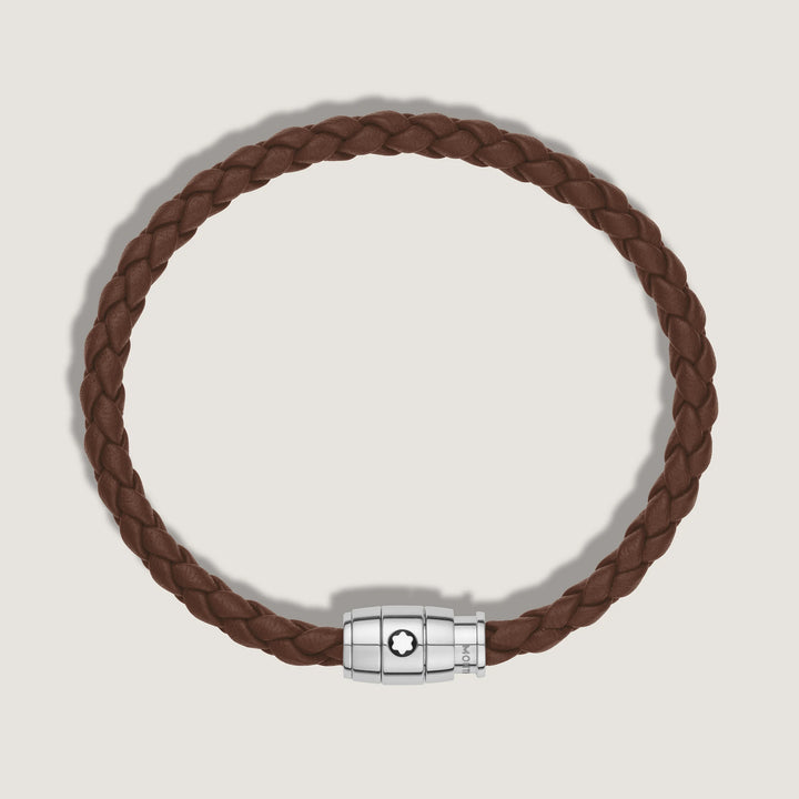 Bracelet Montblanc 3 anneaux en acier et cuir Meisterstück Brown Fawn taille S 13600060