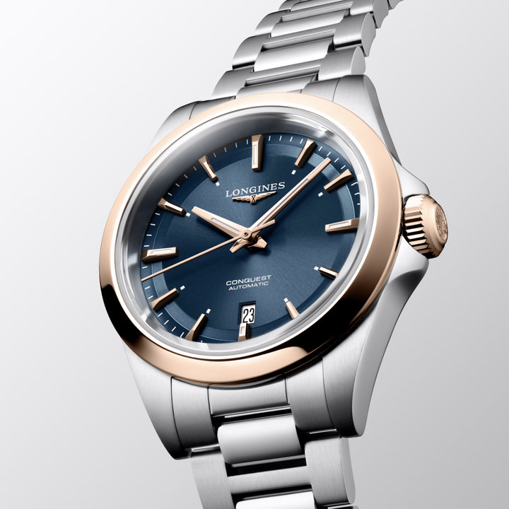 Longines watch Conquest 30mm blue automatic steel PVD finish rose gold L3.320.5.92.6