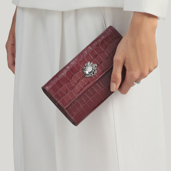 Portefeuille continental jungle Giovanni Raspini cuir croco bordeaux blanc bronze L0033