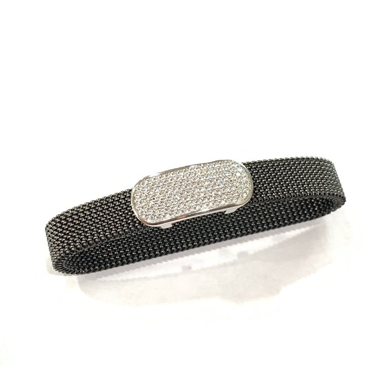 Idandi srebrna elastyczna elastyczna bransoletka 925 stalowe wykończenie czarne PVD owalne cyrkoni Br-arg-0005