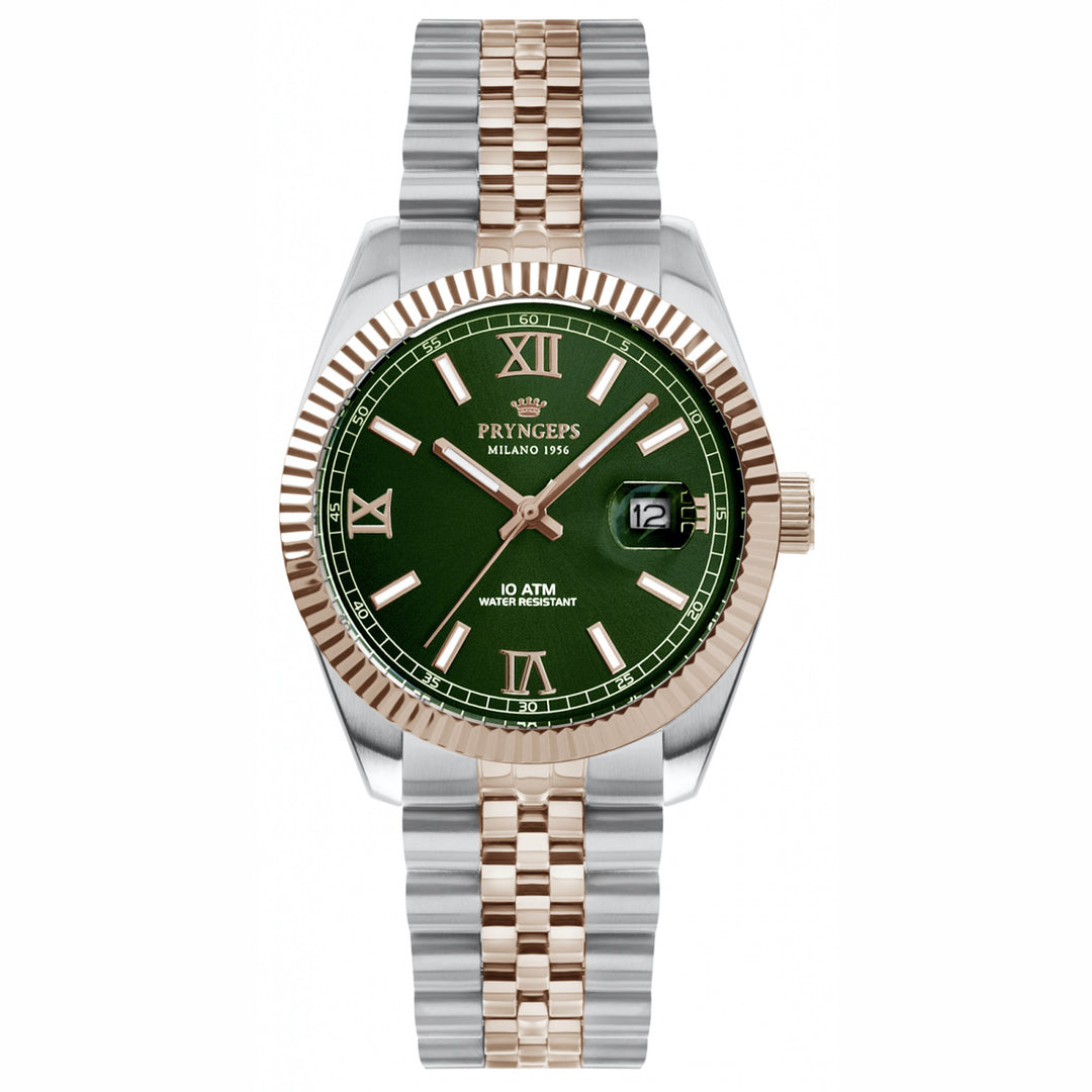 PRYNGPS erre x 32 mm zegarek zielony stal PVD kończy różowy złoty kwarc A822/2 VE
