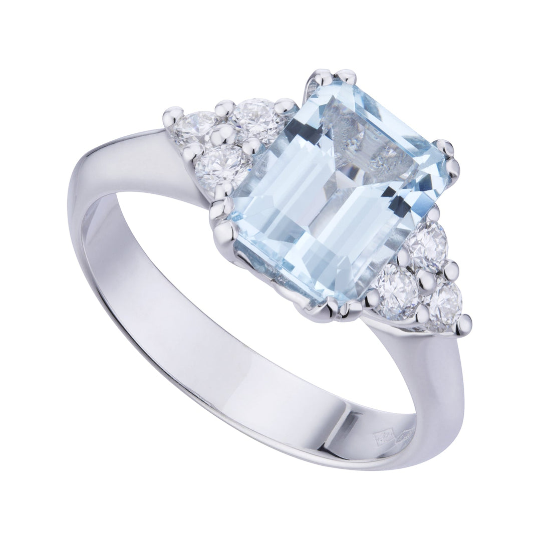 Golay Octagonal Aquamarine Ring a Diamonds