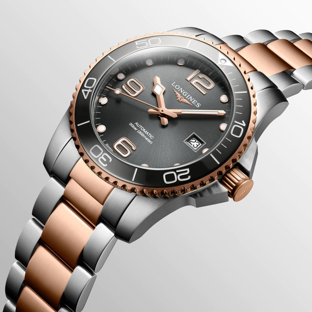 Longines watch HydroConquest 41mm grey automatic steel finishes PVD rose gold L3.781.3.78.78.7