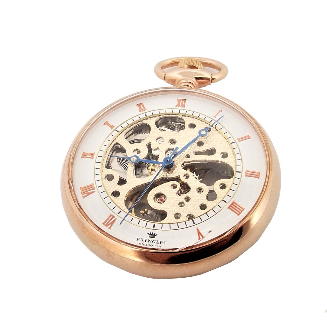 Pryngps Pocket Watch Skeleton Manual Charge Steel Finish PVD Gold Pink T052/L