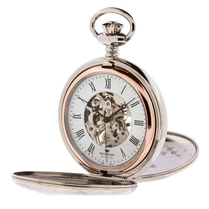 Pryngps pocket horloge 47 mm witte handmatige lading stalen PVD -afwerkingen roze goud T083/r
