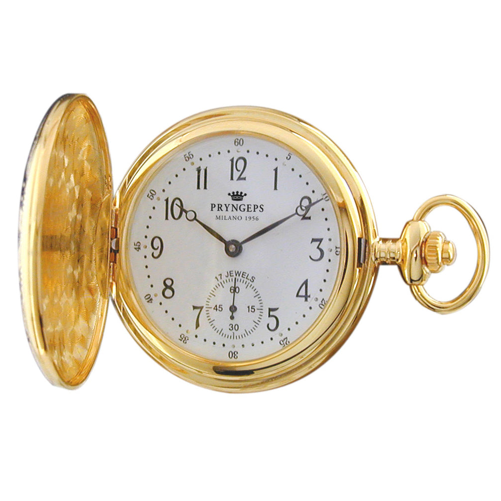 PRYNGPS 48MM Bílé kapesní hodinky Manual Načítání oceli PVD Yellow Gold T085L