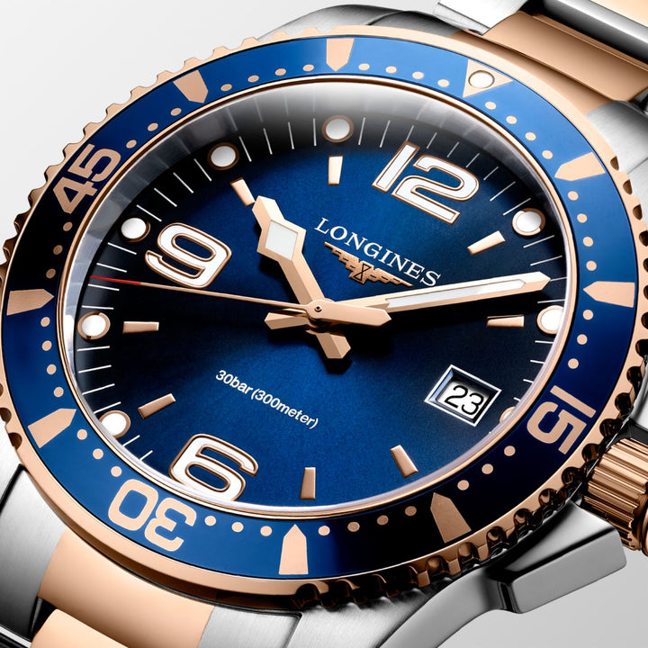 Longines HydroconQuest 41mm Watch Blue Quartz Steel Finish PVD Gold Rosa L3.740.3.98.7