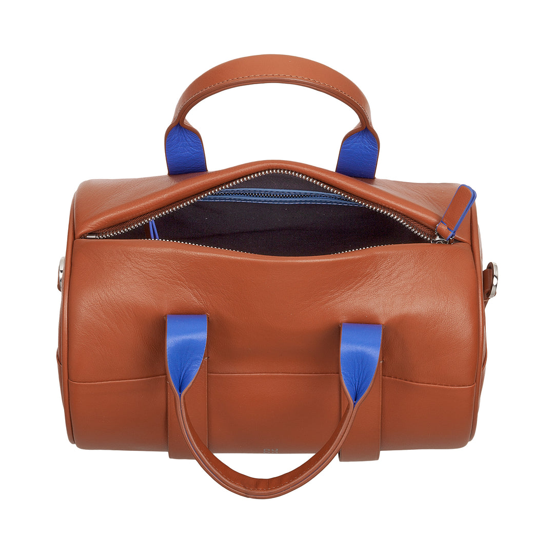 Dudu kvinders taske med ægte lædercylinder, cylindrisk blød taske, tøndepose med skulderrem og to håndtag, farverigt elegant design