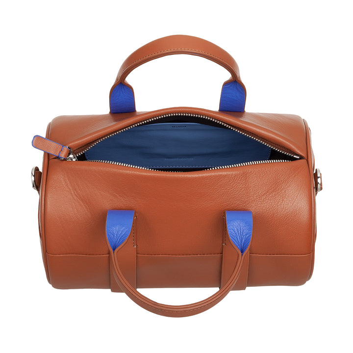 Dudu kvinders taske med ægte lædercylinder, cylindrisk blød taske, tøndepose med skulderrem og to håndtag, farverigt elegant design