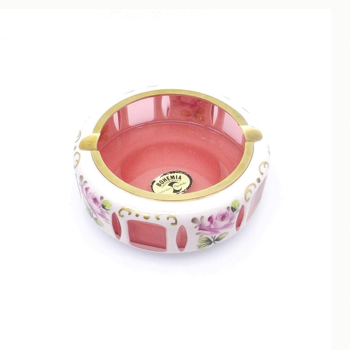 Kristall BOHEMIA Tschechoslowakei Aschenbecher aus Opalkristall mit Blumendekor und goldenen Verzierungen A-0288 - Gioielleria Capodagli