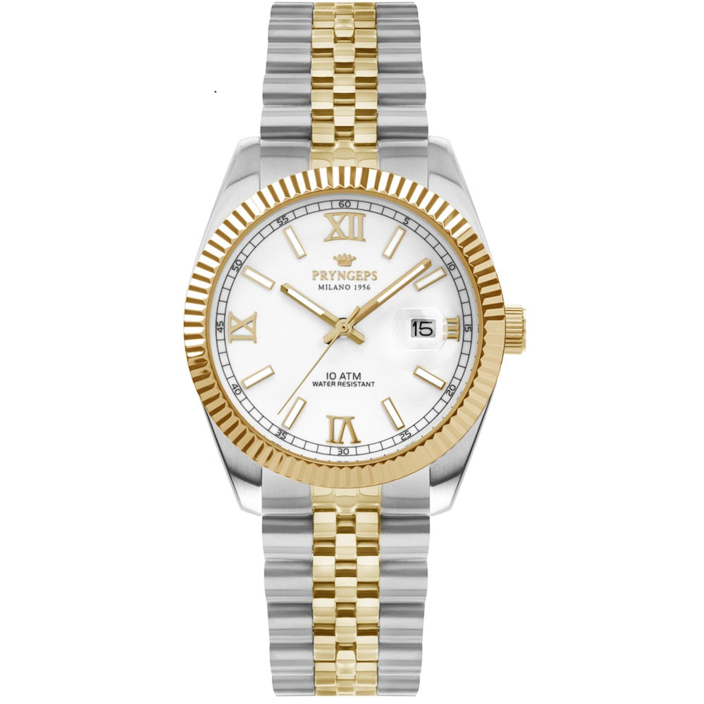PRYNGPS erre x 40 mm zegarek białe stalowe wykończenie pvd złoty żółty kwarc A821/2B BI