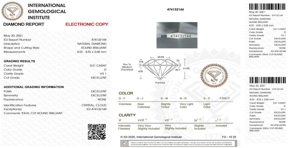 IGI-Diamant im Blister mit zertifiziertem Brillantschliff von 0,31 ct, Farbe D, Reinheit VS 1 – Capodagli 1937