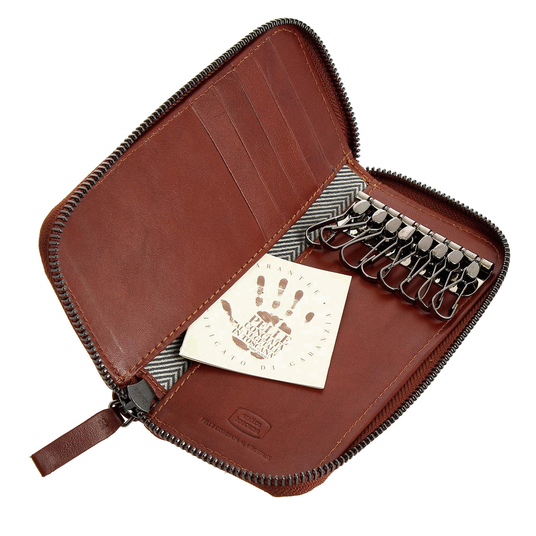 Antica Toscana Keychain ve skutečné 8 háčkové kůži se zipem zipu a 5 kapes kreditních karet