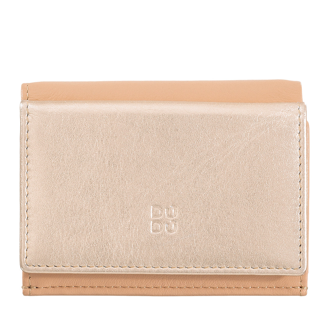DuDu Lille lyserød kvinde tegnebog i ægte læder, kompakt metallisk designportefølje med døre