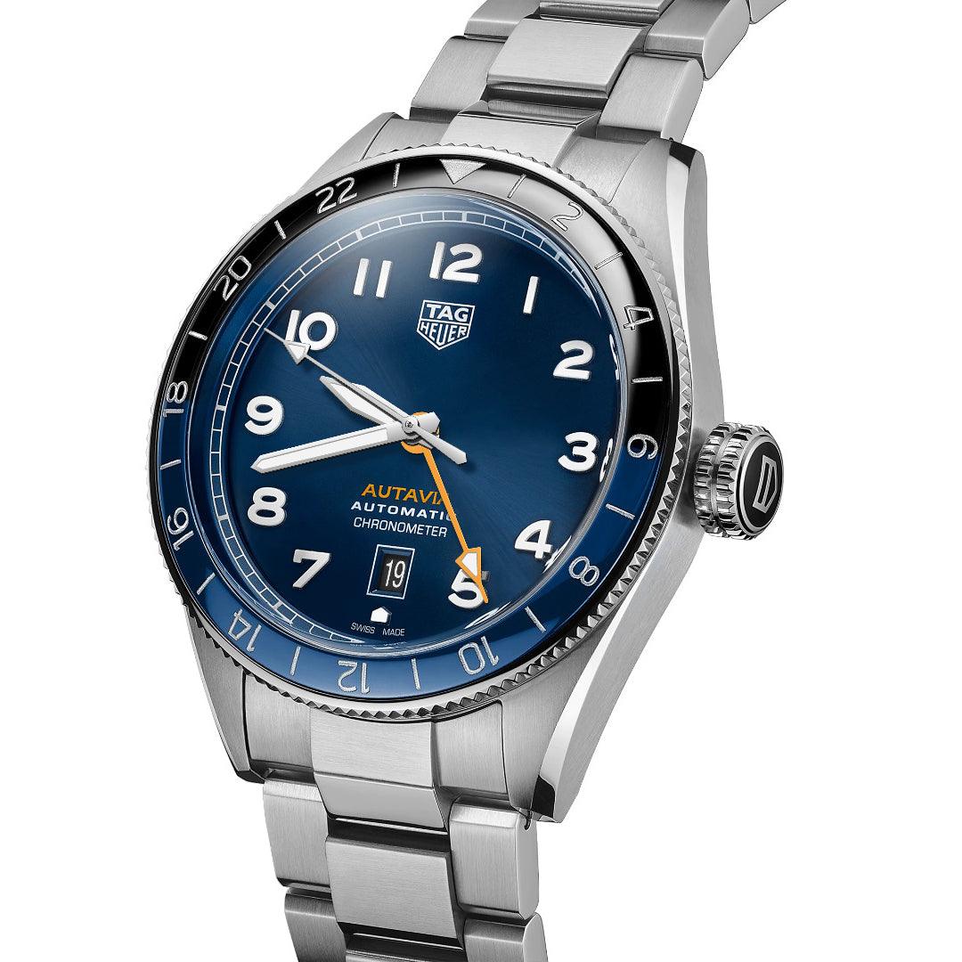 TAG Heuer Uhr Autavia COSC GMT Calibre 7 Limited Edition 42 mm blauer Automatikstahl WBE511A.BA0650 – Capodagli 1937
