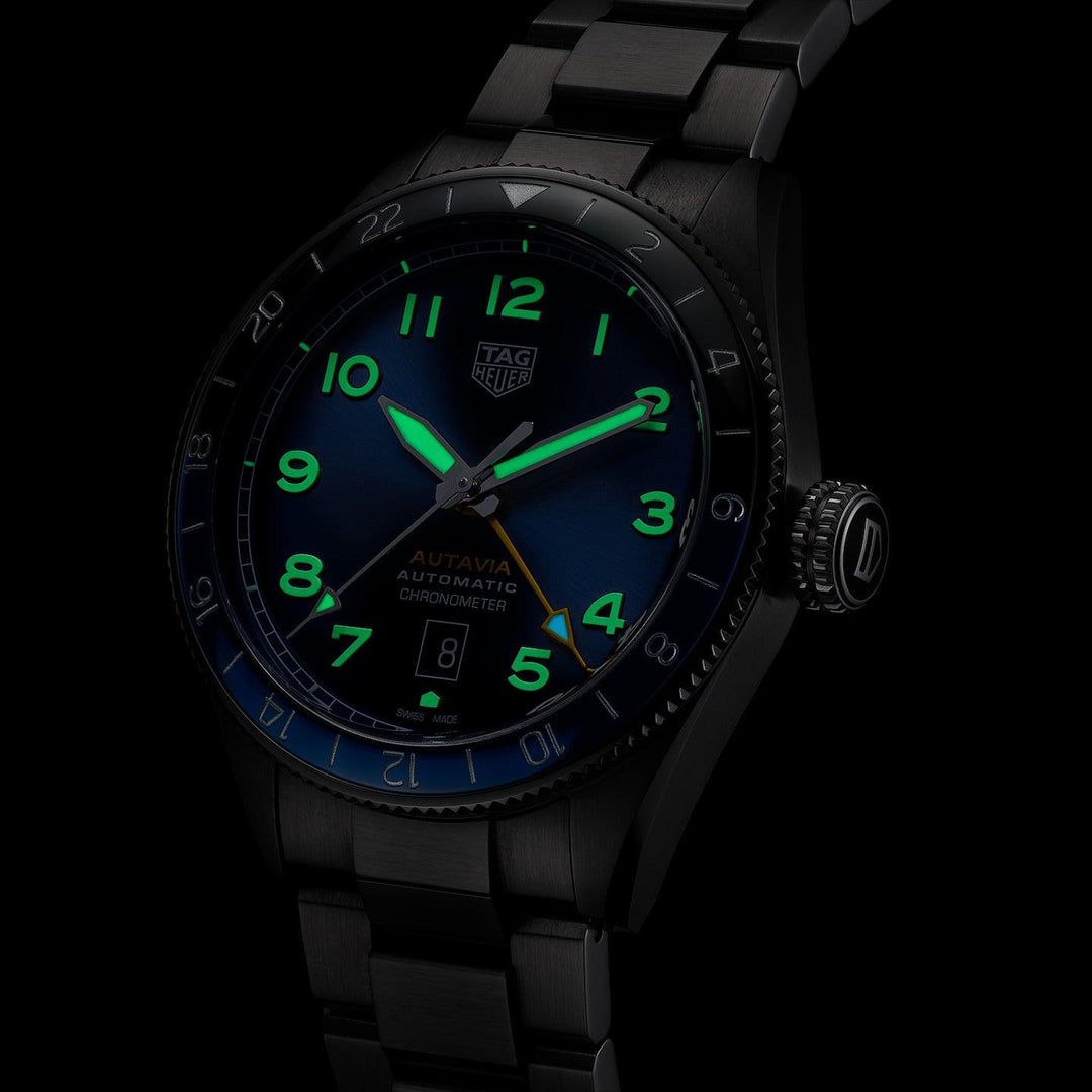 TAG Heuer Uhr Autavia COSC GMT Calibre 7 Limited Edition 42 mm blauer Automatikstahl WBE511A.BA0650 – Capodagli 1937