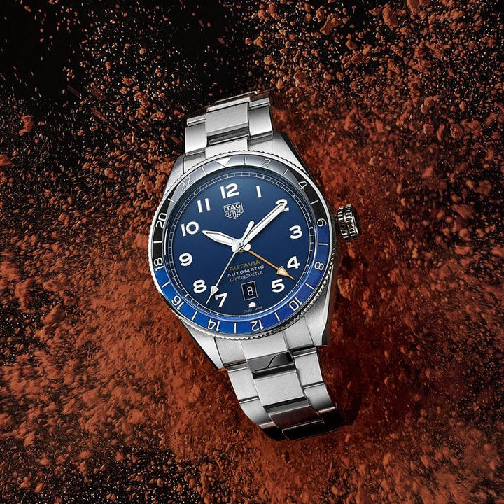 TAG Heuer Uhr Autavia COSC GMT Calibre 7 Limited Edition 42 mm blauer Automatikstahl WBE511A.BA0650 – Capodagli 1937